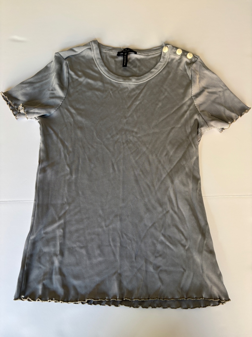 Rag & Bone Gray Ribbed Button Shoulder Lettuce Hem Short Sleeve Tee - Medium